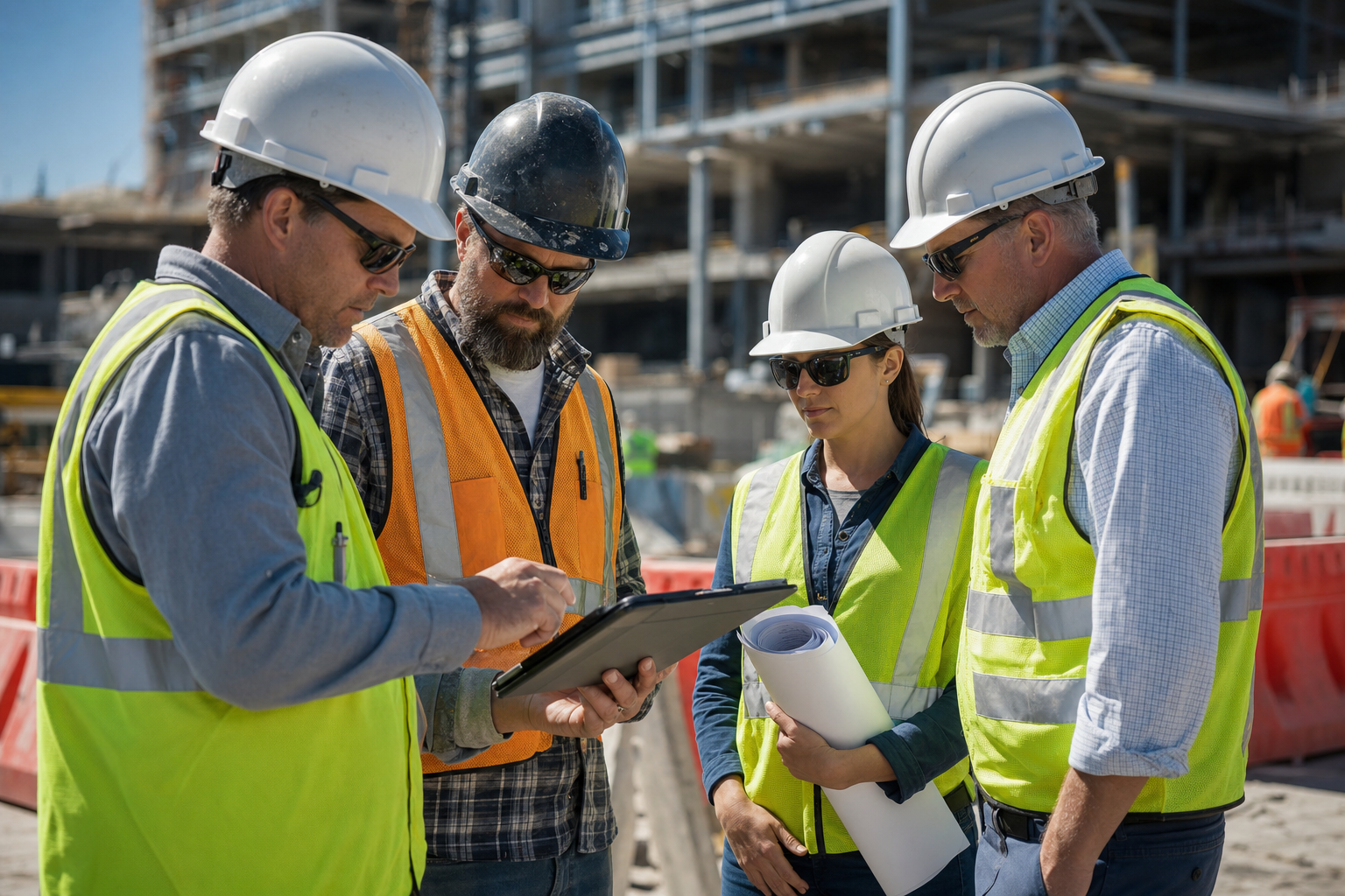 Projektteam auf einer Baustelle bespricht digitales Mängelmanagement und dokumentiert Baumängel mit Tablet für eine effiziente Projektsteuerung