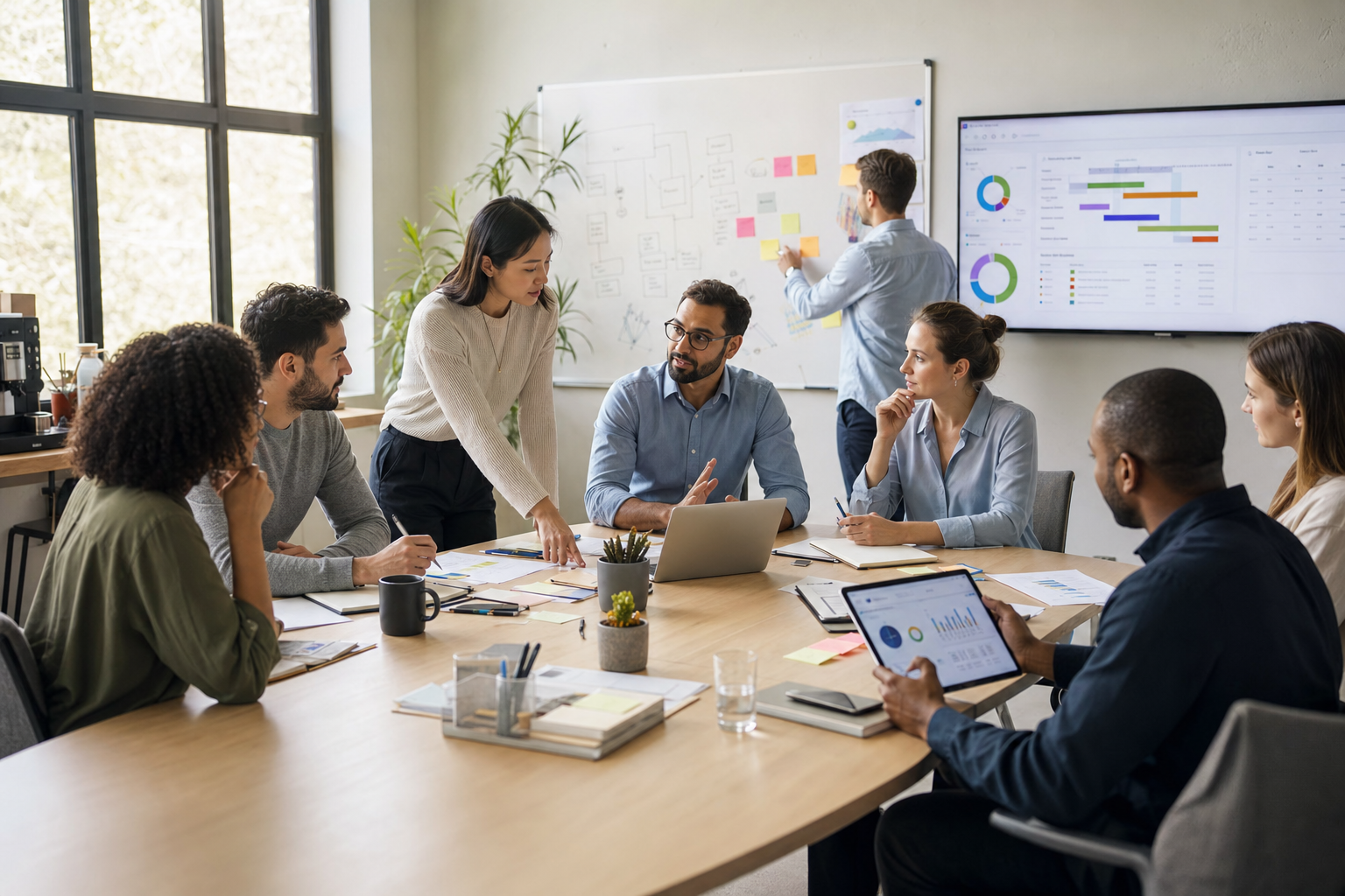Projektteam bespricht digitale Projektsteuerung und Prozessoptimierung anhand von Projektplänen, Dashboards und visualisierten Arbeitsabläufen.