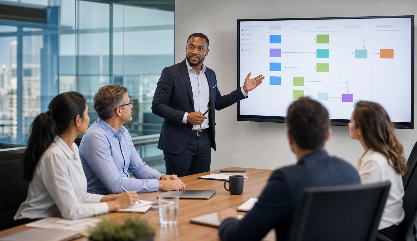 The project team discusses responsibilities and tasks during a meeting while referring to a digital process diagram for organizing defect management and project management