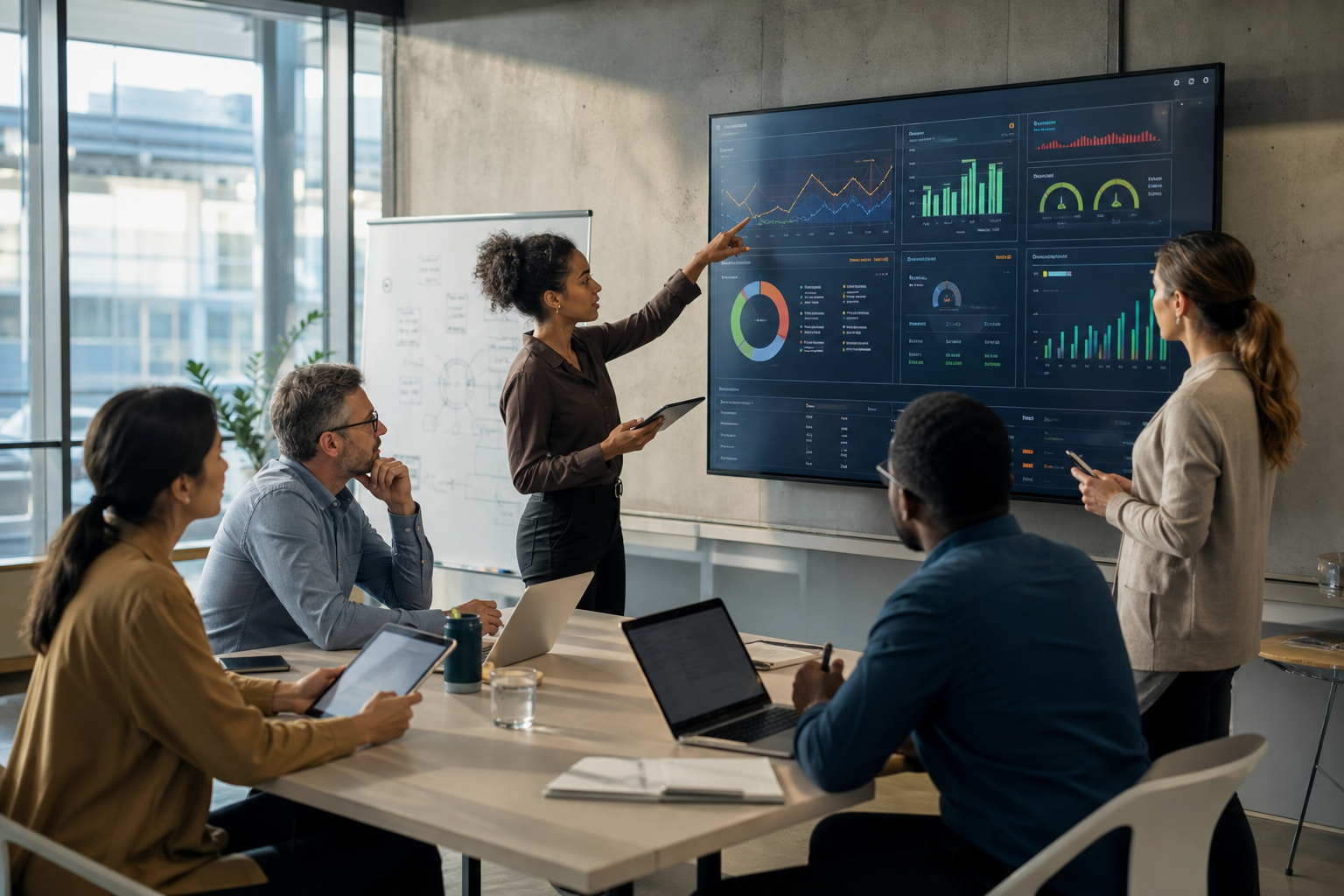 Real-time reporting in project management: The project team analyzes current data, KPIs, and dashboards to make faster decisions and manage projects efficiently.