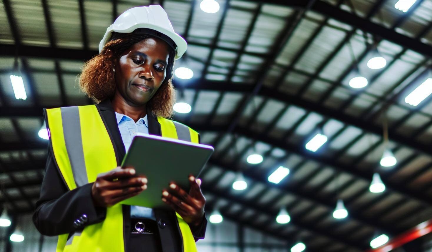 Frau in Warnweste bedient ein Tablet in einer Industriehalle