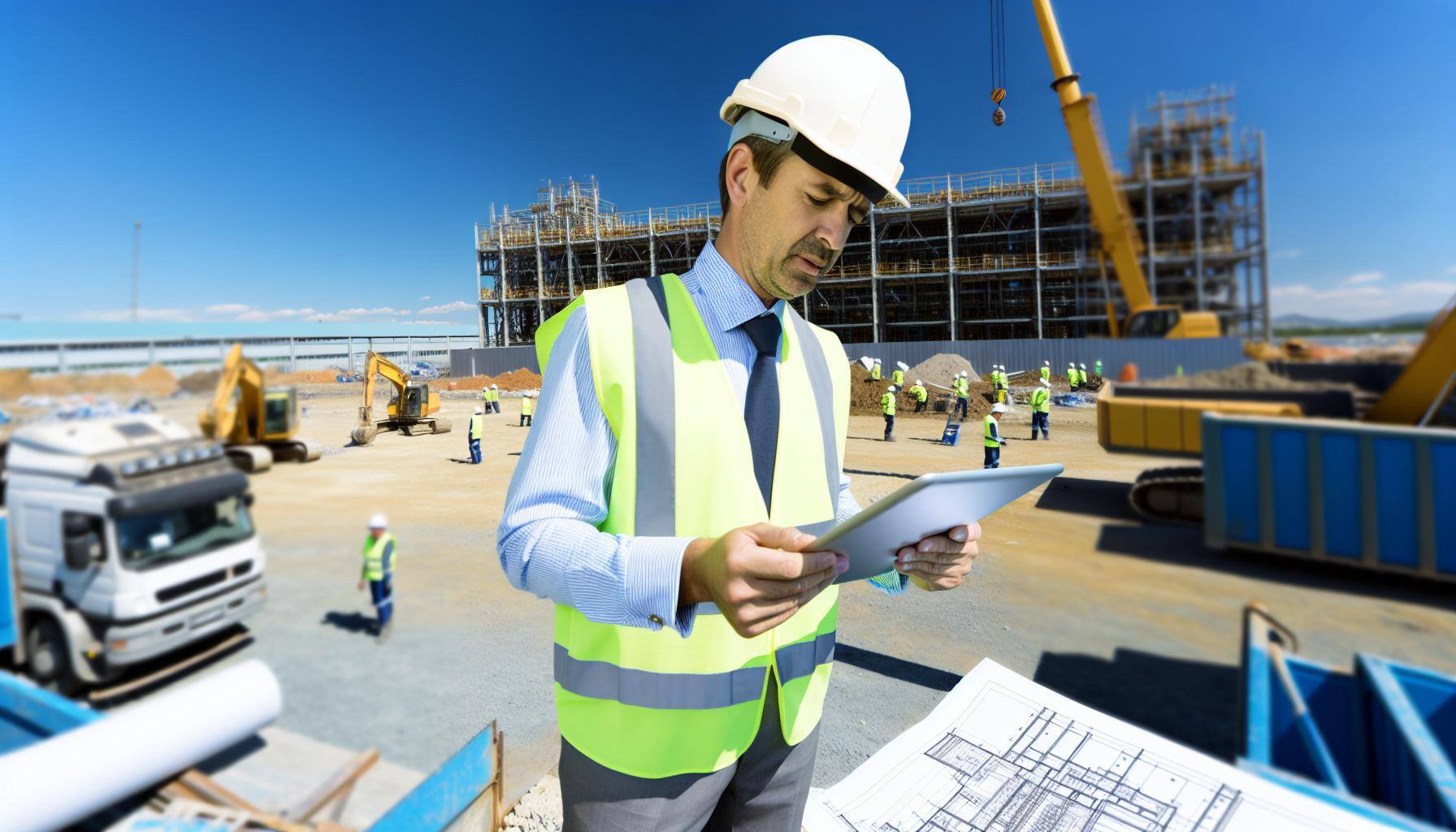 A construction manager wearing a hard hat and high-visibility vest inspects a large construction site using a tablet. In the background, construction workers, cranes, and a building under construction are visible. Technical blueprints lie on the table in front of him.