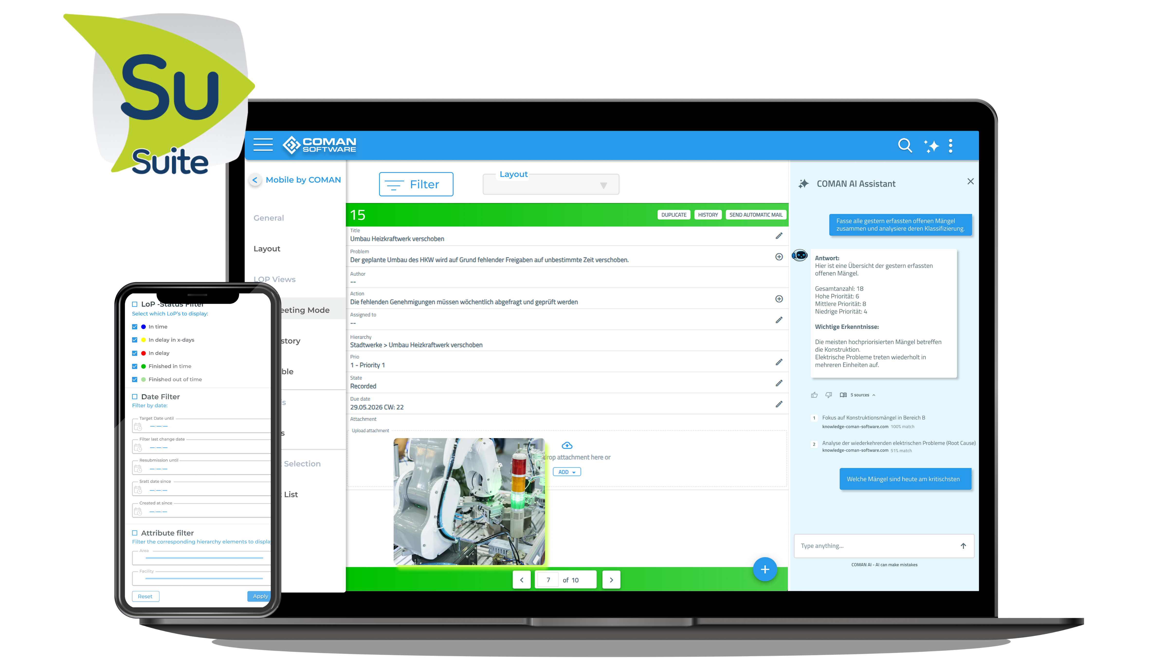 COMAN Suite auf Laptop und Smartphone mit mobiler Projektmanagement-Software für Bau-, Infrastruktur- und Industrieprojekte. Die Anwendung zeigt digitales Aufgabenmanagement, Filterfunktionen, Dokumentation und einen KI-Assistenten zur effizienten Steuerung von Projekten, Prozessen und Workflows. Moderne Sa