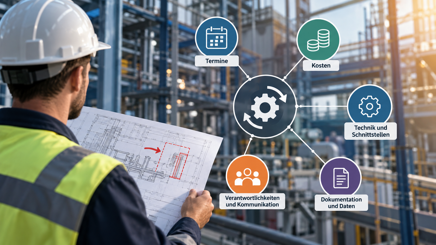 Industrial project with a construction plan and visualization of the five areas: schedule, costs, technology, documentation, and responsibilities in change management.