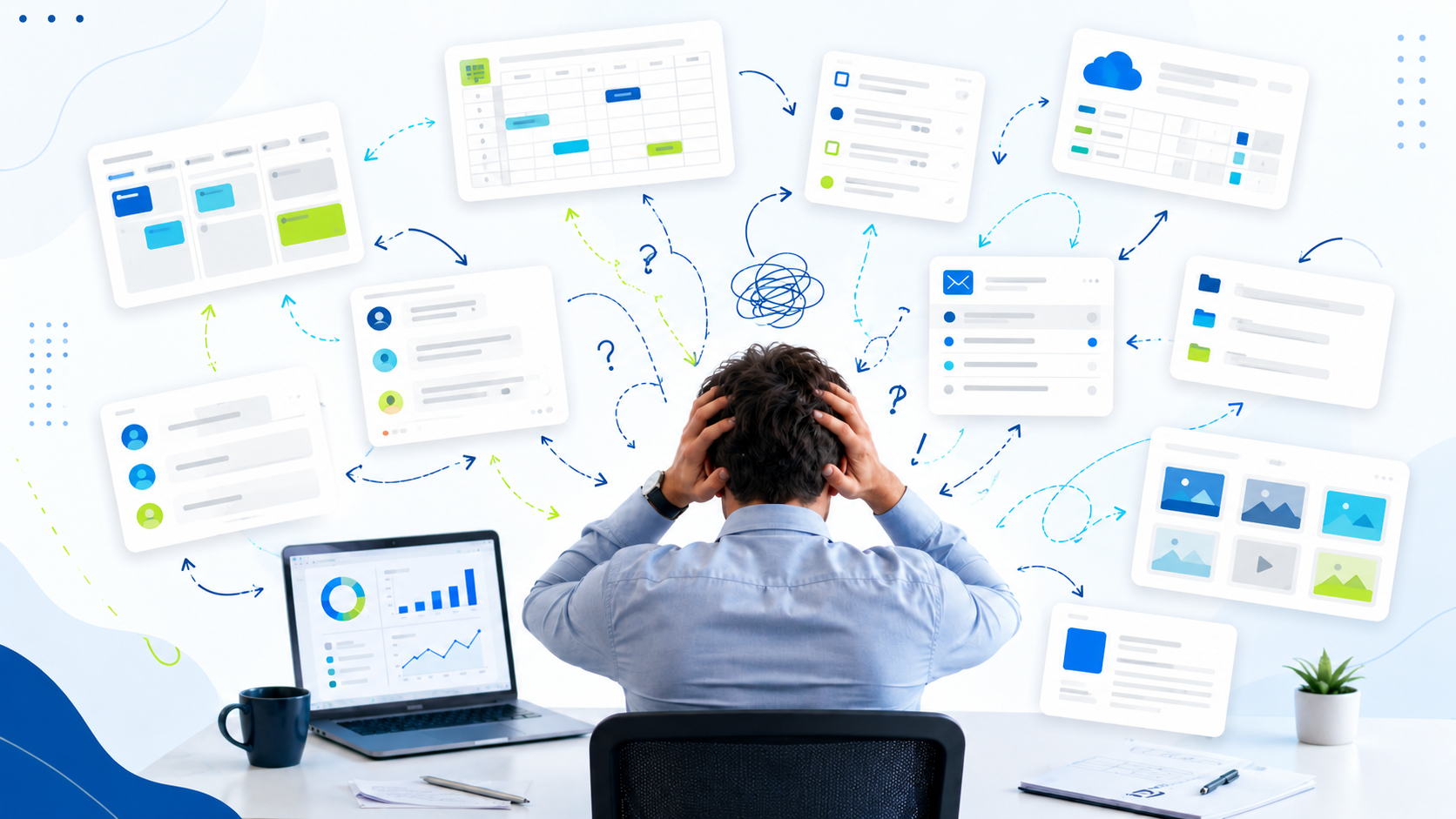 An overwhelmed project manager faced with numerous unrelated digital tools, dashboards, emails, and files—a metaphor for tool chaos, information silos, and inefficient processes in project management.