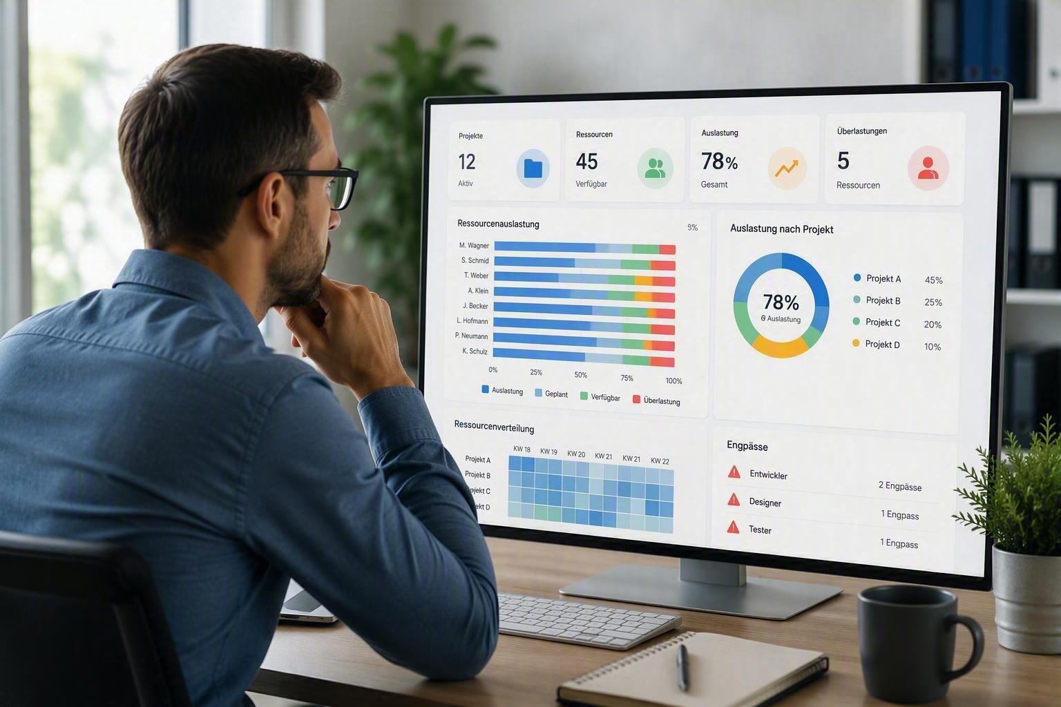 A project manager analyzes a dashboard for resource planning in multiprojekt management that includes capacity planning, resource utilization, project priorities, and bottleneck analysis.