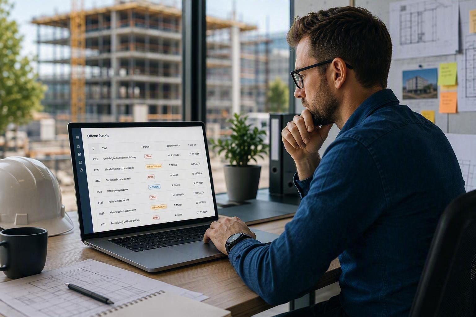 Project dashboard for tracking open items, featuring task status, progress overview, and digital defect management on a central platform
