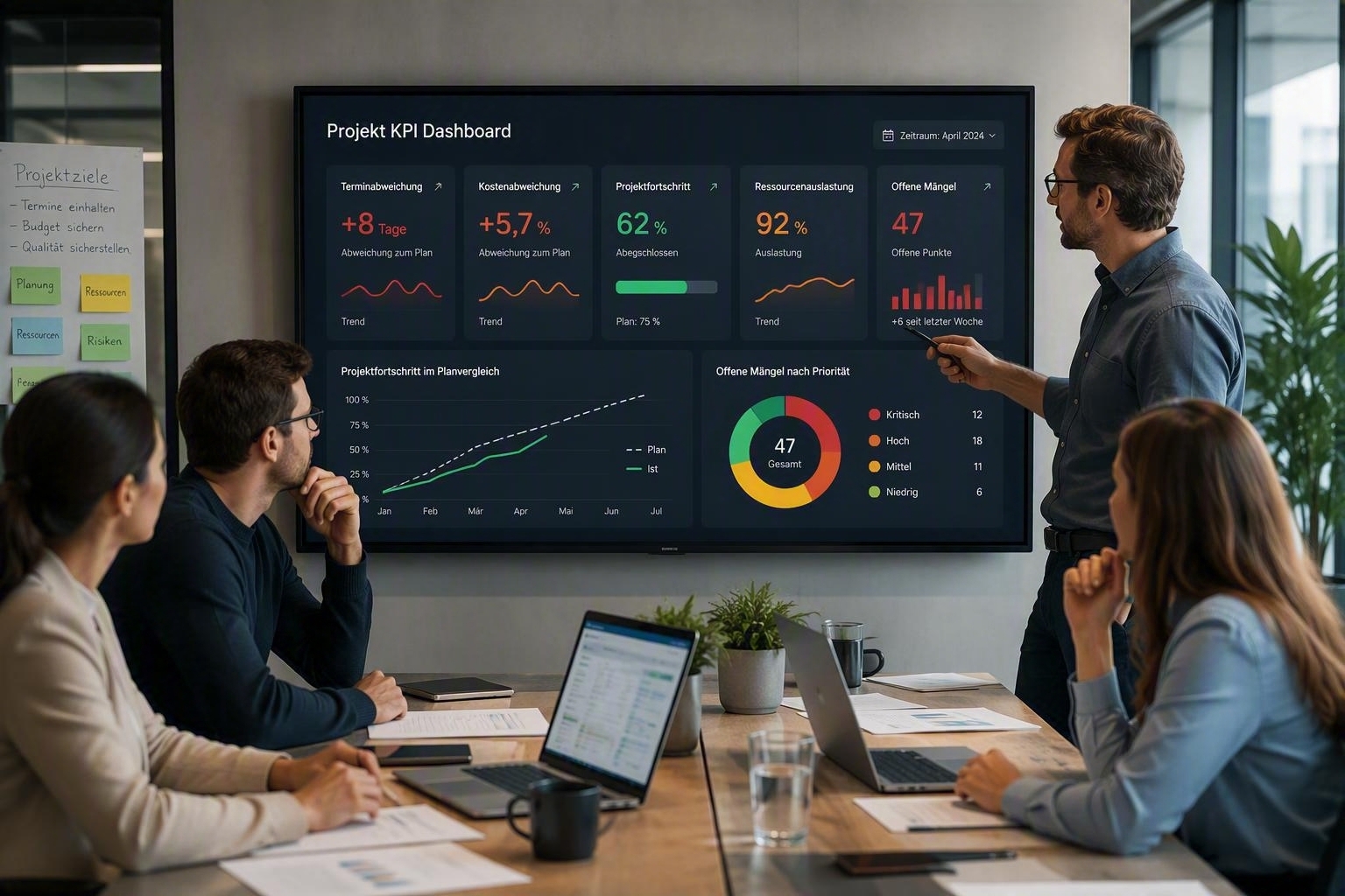 The project manager monitors key project metrics on a dashboard. The dashboard displays project progress, schedule variances, cost control, resource utilization, and defect management to ensure successful project management.