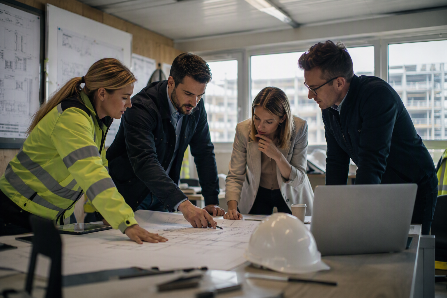 Projektteam bespricht gemeinsam Projektpläne und technische Zeichnungen in einem Besprechungsraum auf einer Baustelle