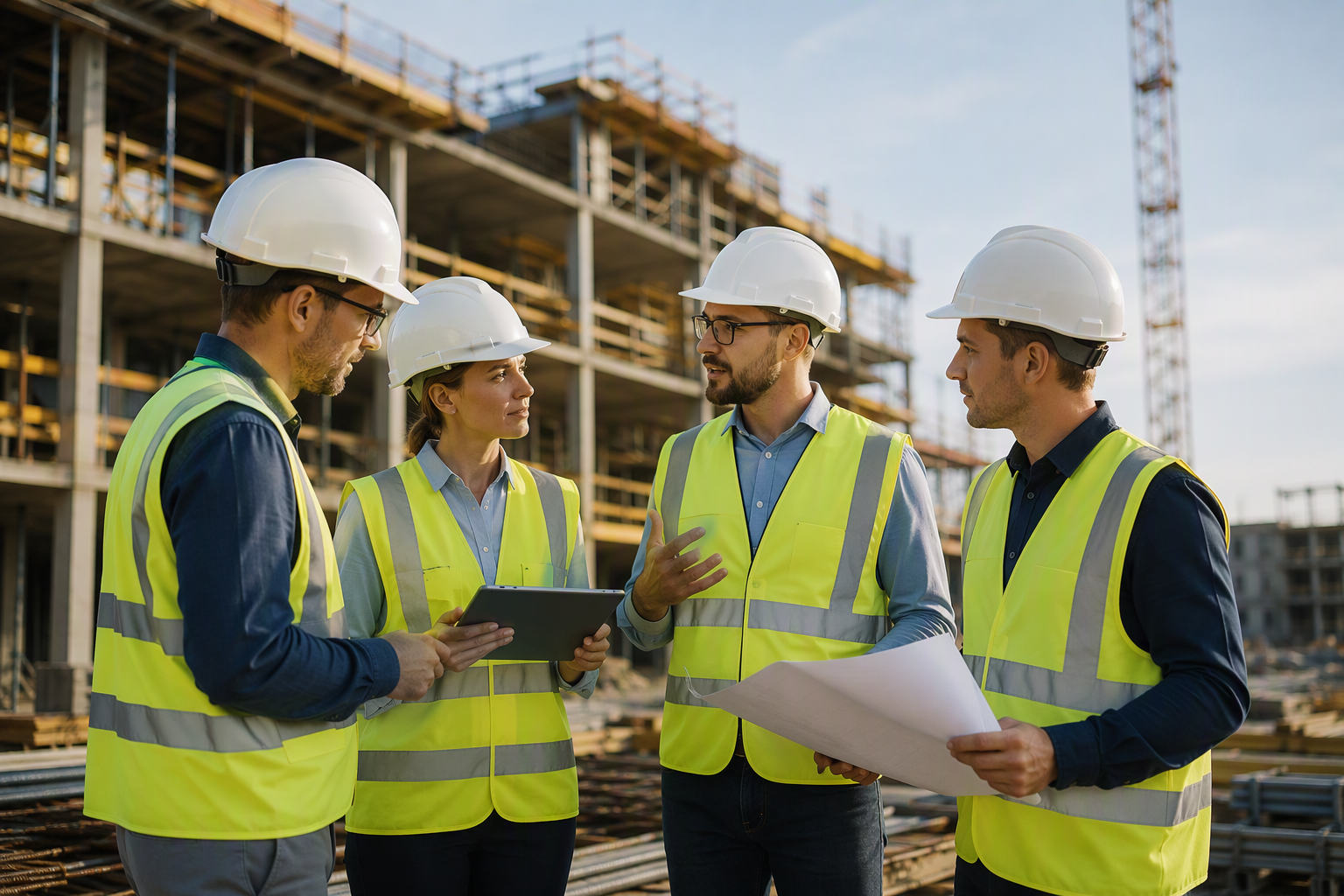 Bauprojektmanager auf einer modernen Baustelle besprechen Baufortschritt und digitale Projektplanung mit Tablet und Bauplänen vor einem Neubau.