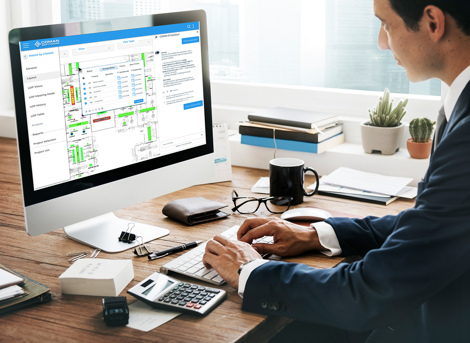 Digital software for defect management on the construction site, featuring centralized task management, construction plan views, and a project overview on the computer screen