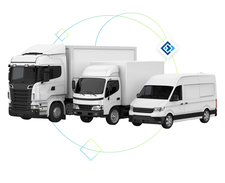 Drei weiße Nutzfahrzeuge – Transporter, mittelgroßer Lieferwagen und Sattelzugmaschine – nebeneinander vor einem neutralen Hintergrund, mit grafischen Linien und COMAN-Logo im Hintergrund.